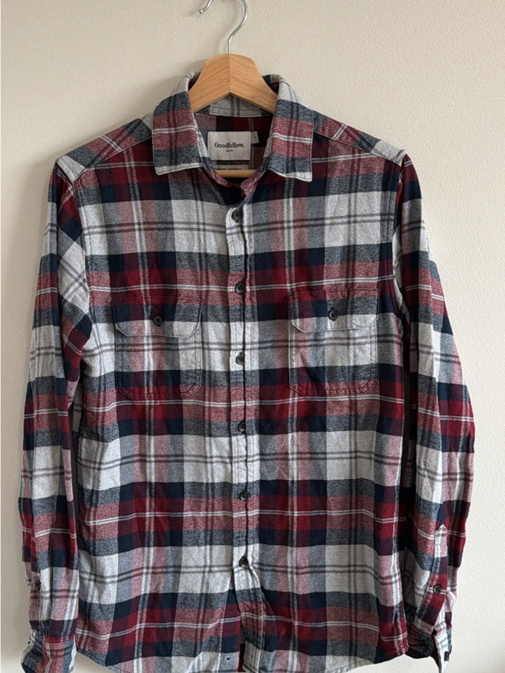 Goodfellow & Co Men's Red, Gray & Navy Plaid Button-Down Shirt